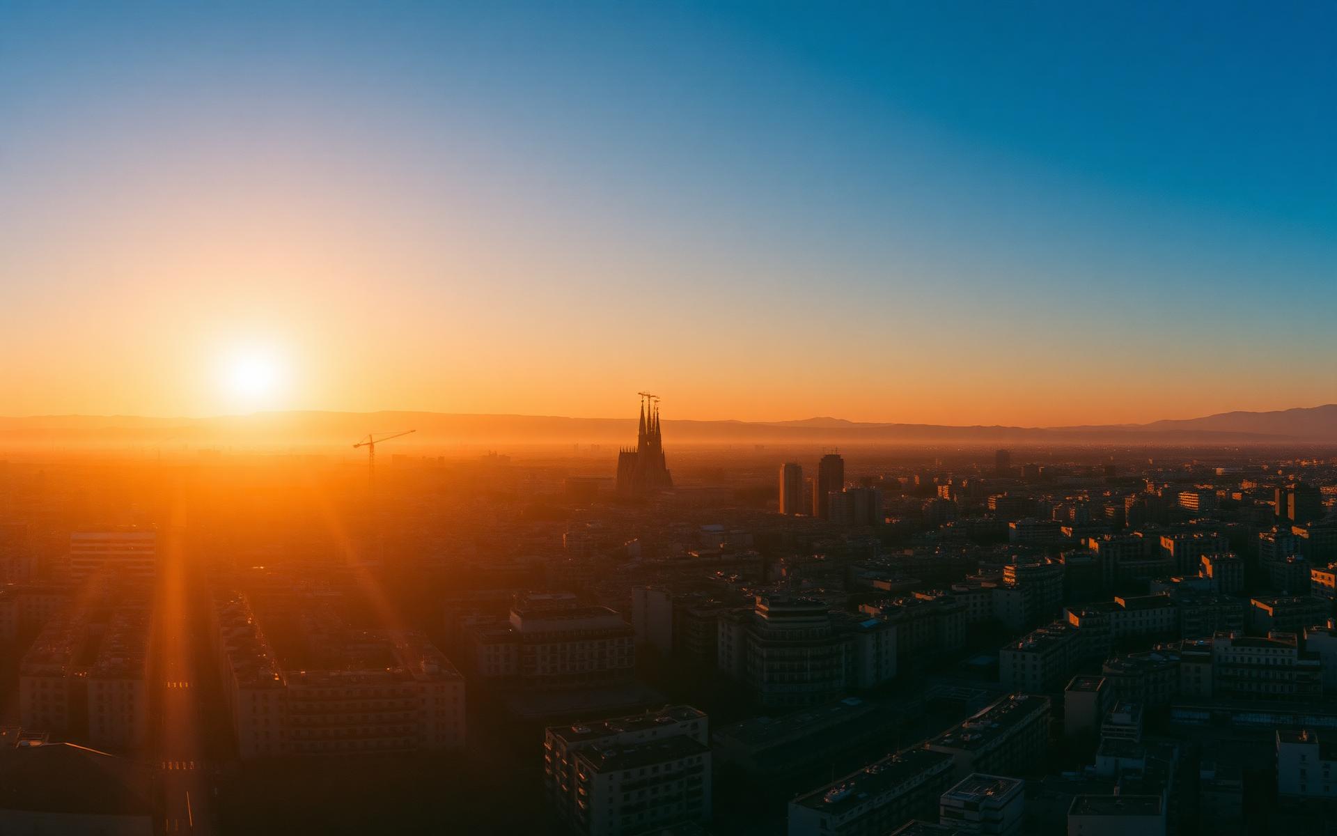 Vista panorámica de Barcelona al atardecer con la Sagrada Familia al fondo