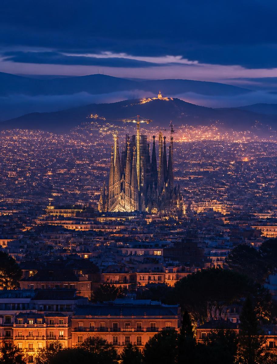 Panorámica nocturna de Barcelona con la Sagrada Familia sobre el Eixample